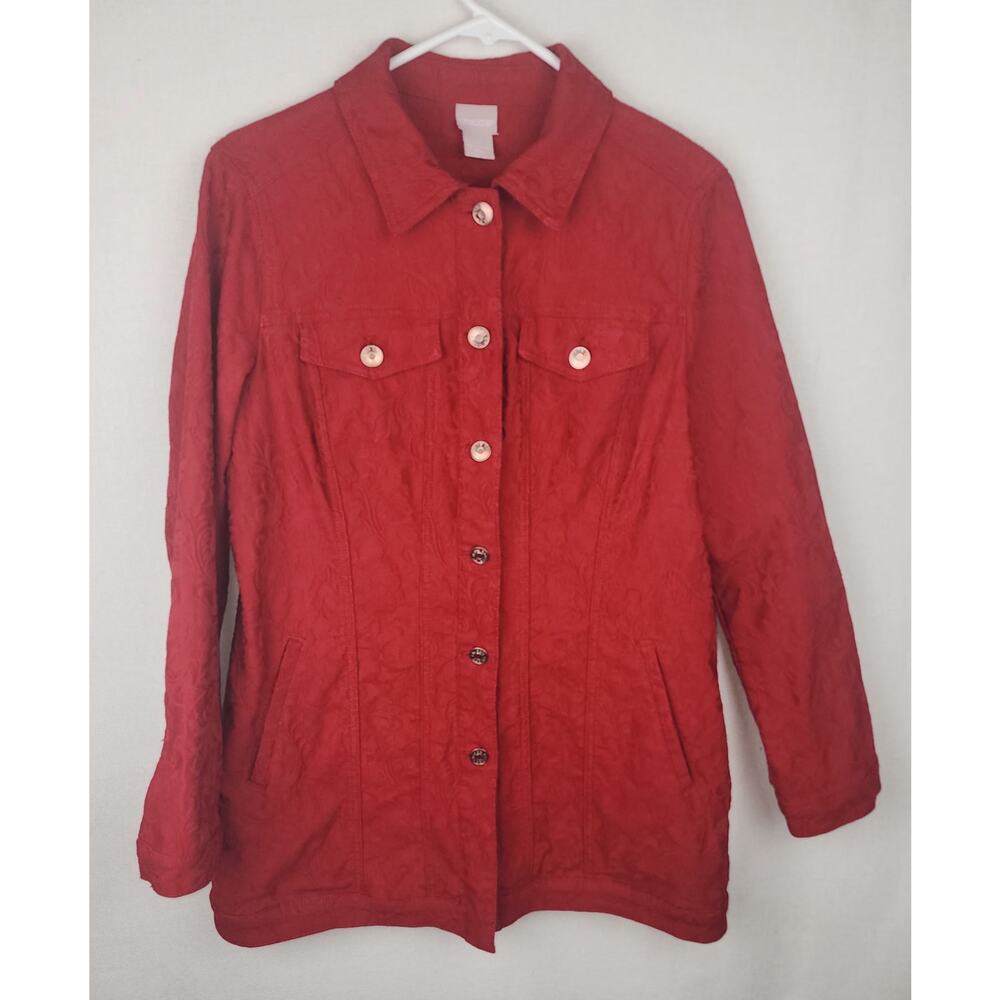 Chicos Women's Size 8/10 Red elongated Jacquard Jean Jacket with floral imprint